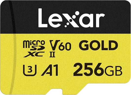 Lexar 256GB Professional Gold Micro SD Card, UHS-II, C10, U3, V60, A1, Full HD, 4K, Up to 280/180 MB/s microSDXC Memory Card, for Drones, Action Cameras, Portable Gaming Devices (LMSGOLD256G-BNNNG)