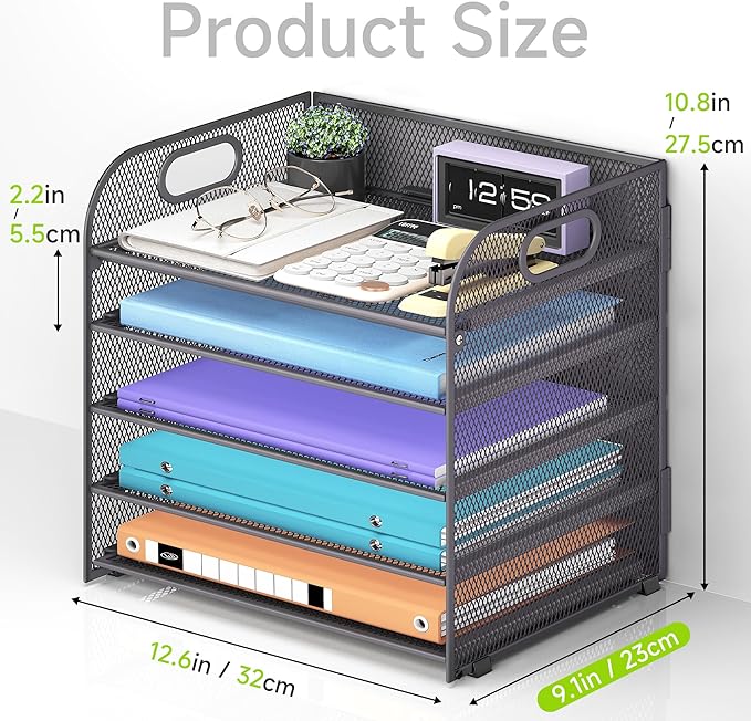 5 Tier Paper Organizer with Handle, Grey Metal Mesh Desk Organizer File Folder Paper Letter Tray Desktop Document Sorter for Classroom, School, Office Accessories Organization and Storage