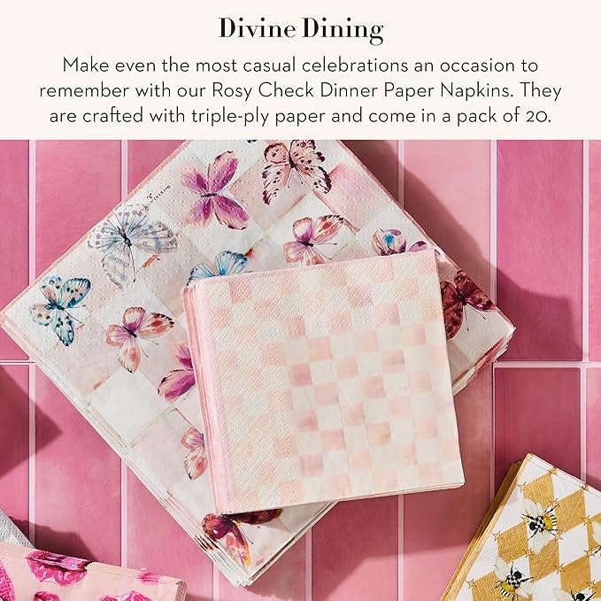 MACKENZIE-CHILDS Dinner Paper Napkins, Stylish Paper Dinner Napkins, Pink-and-White Rosy Check