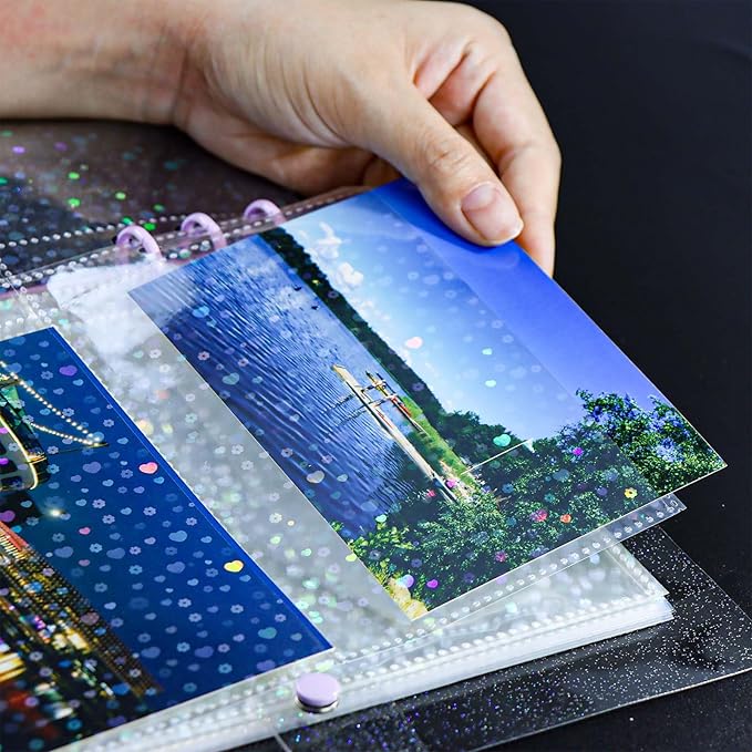 A5 Photocard Sleeves 20pcs Sheet Protectors 5.2'' x 3.7'' 2 Pocket Picture Card Insets Flower Flashing Clear PP Photo Album Refill Pages for 6 Ring Binder (Flower Flashing, A5-2Pocket)