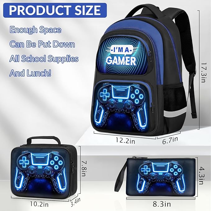 School Backpack for Boys - 3pcs Gamer Boys Backpack with Lunch Box Set for Kids Teens Elementary Middle School - 17″ Video Game Bookbag Travel Back Pack for Age 6-18