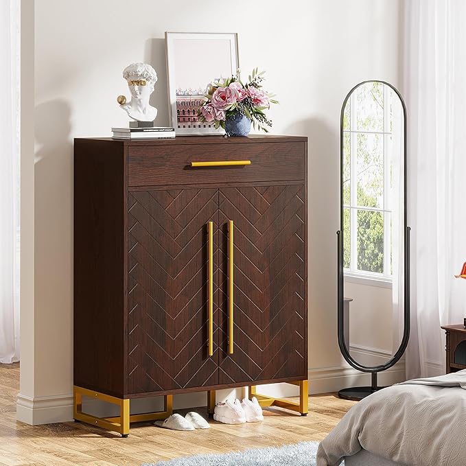 Tribesigns Shoe Cabinet with Doors, 20 Pairs Shoe Storage Cabinet with Drawer for Entryway, Modern Shoe Rack Organizer with Adjustable Shelves for Hallways Bedroom Living Room, Walnut & Gold