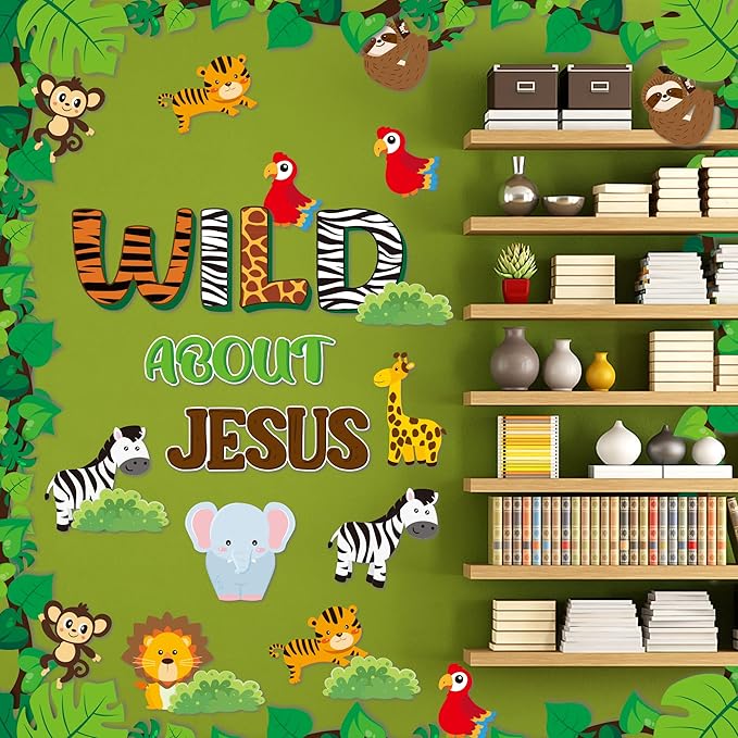 87Pcs Jungle Animals Leaves Bulletin Board Set for Back to School Classroom Wild Animal Cut-Outs Wild About Jesus Christian Wall Decor Supplies for Chalkboard Church Preschool Forest Party