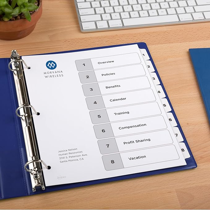 Avery Dividers for 3 Ring Binders, 8 Tabs per Set, Customizable Table of Contents, Classic White Tabs, Great for Organizing Reports, Projects, and More (11132)