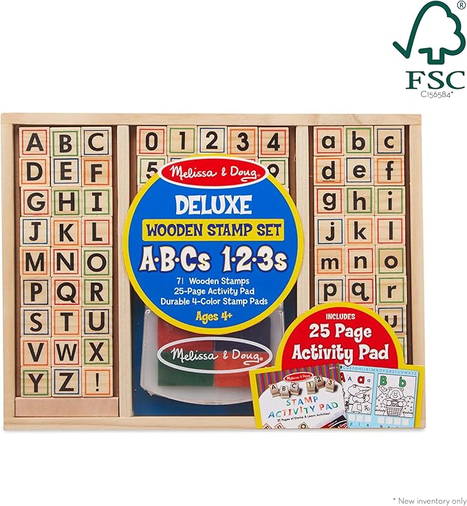 Melissa & Doug Deluxe Letters and Numbers Wooden Stamp Set ABCs 123s With Activity Book, 4-Color Stamp Pad - FSC Certified