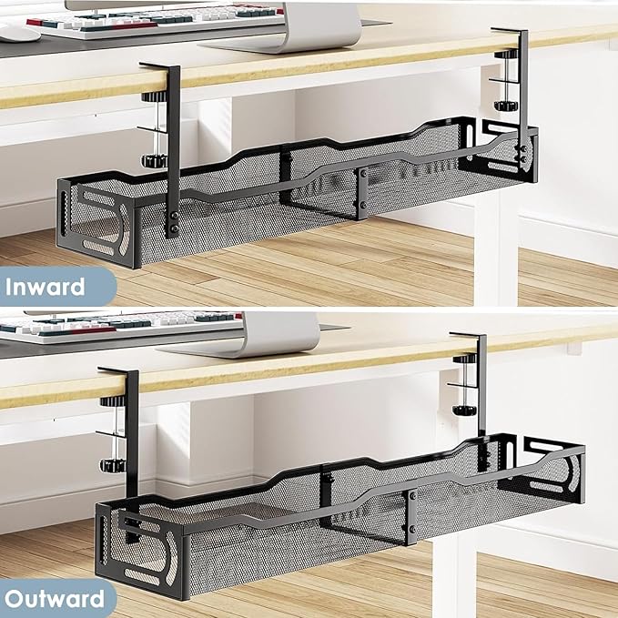 Cable Management, 25'' Cable Management Under Desk No Drill, Metal Cord Organizer with Clamp for Standing Desk, Cable Organizer for Home Office, Black