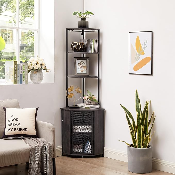 VECELO Corner Cabinet, Tall Storage Shelf, Bookshelf Display Shelves Rack for Living Room, Kitchen, Balcony, Small Space