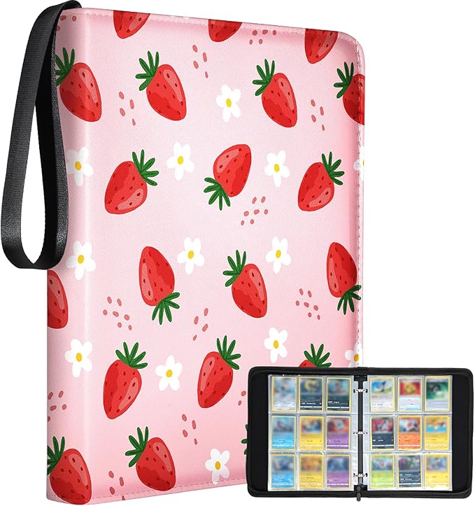 for 9 Pocket Card Binder Large Capacity for 900 Cards - Trading Card Collection Album Folder Double Sided Pocket with Zipper Strawberry for Girls Girly Teens for Sports Cards Game Cards