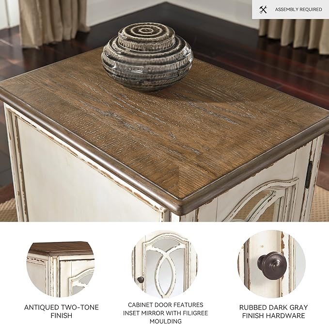Signature Design by Ashley Realyn Farmhouse Chair Side End Table with Cabinet For Storage, Antique White & Brown