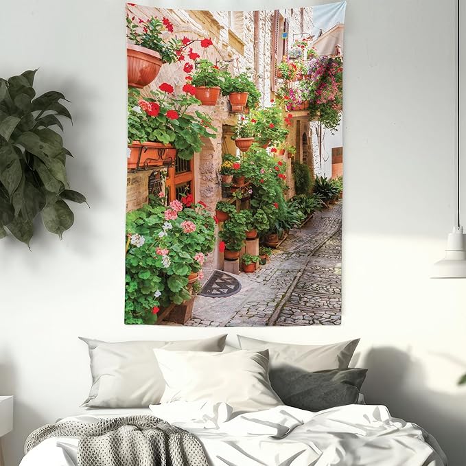 Ambesonne Italian Tapestry, Street View of a Small Renaissance Town with Floral Porches and Rock Mediterranean, Fabric Wall Hanging Decor for Bedroom Living Room Dorm, 30" X 45", Pale Brown