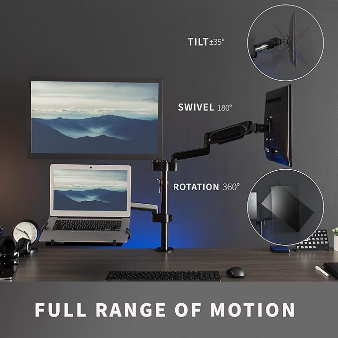 VIVO Laptop and Dual 17 to 32 inch Monitor Pneumatic Arm Mount, Fits 2 Flat or Curved Computer Screens and 10 to 15.6 Inch Notebooks, Laptop Tray, C-clamp, Grommet Mounting Base, Black, STAND-V003KL