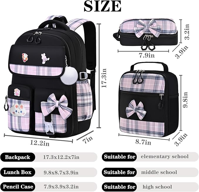 Girls Backpack,Kids School Backpack With Lunch Box Pencil Case Set,Cute Childrens Schoolbag For Girls