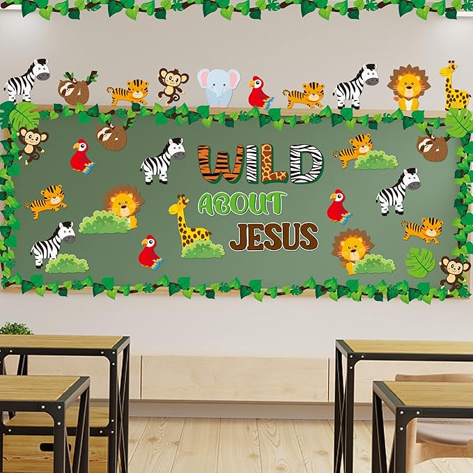 87Pcs Jungle Animals Leaves Bulletin Board Set for Back to School Classroom Wild Animal Cut-Outs Wild About Jesus Christian Wall Decor Supplies for Chalkboard Church Preschool Forest Party