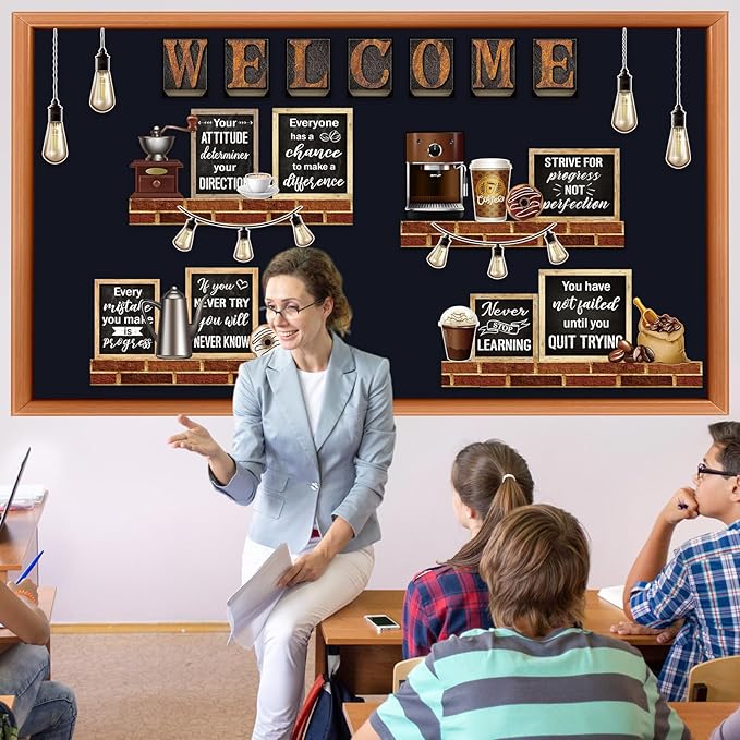 Qilery Coffee Motivational Bulletin Board Set Industrial Inspirational Welcome Classroom Decoration Positive Bulletin Board Cutout Classroom Decoration for Back to School Educational Material