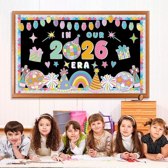 Groovy New Year Disco Ball Bulletin Board Decorations in Our 2026 Era Classroom Paper Cutouts Colorful 2026 New Year Party Decor for Holiday School Classroom Chalkboard Wall Decor Teacher Supplies