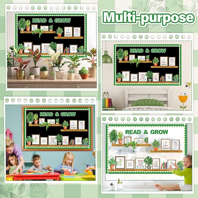 Plant Bookshelf Bulletin Board Set Read and Grow Motivational Greenery Classroom Decor Reading Library Back to School Positive Eucalyptus Potted Paper Cutouts for School Wall Decor Supplies