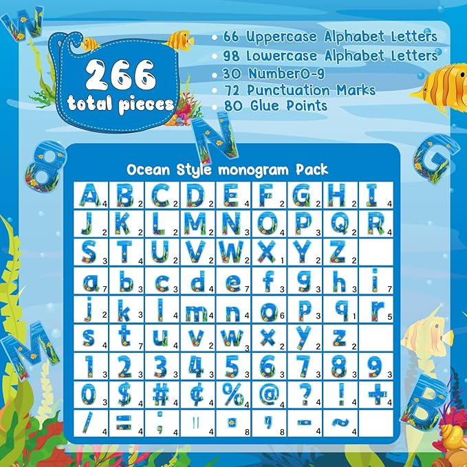 266 Pcs Letters Combo Pack Set Bulletin Board Letters Under The Sea Letters and Number Accents for Bulletin Board Display Home Decor