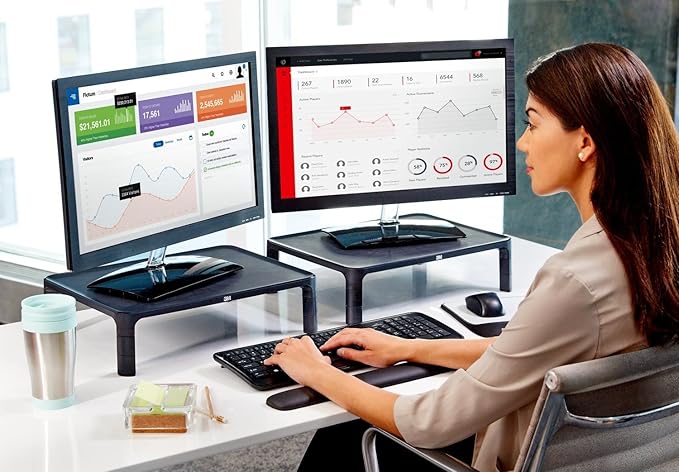 3M Adjustable Monitor Stand for Monitors and Laptops, Three Leg Segments Simply Adjust Height from 1.7" to 5.5", Holds up to 20 lbs, 13.6 in Clearance Between Legs for Storage, Black (MS85B)