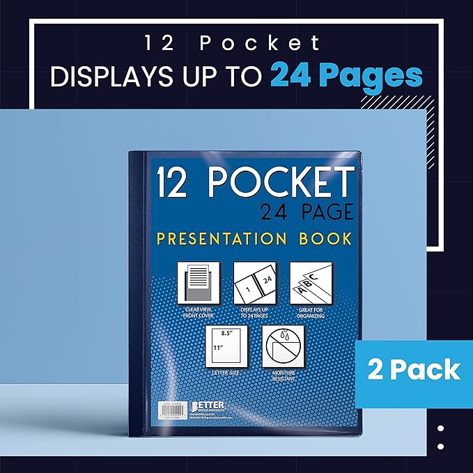 Better Office Products 12 Pocket Bound Presentation Book, Blue, Clear View Front Cover, 24 Sheet Protector Pages, 8.5" x 11" Sheets, Art Portfolio, Durable Poly Covers, Letter Size (2 Pack)