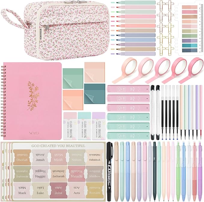 76PCS Bible Study Supplies Kit for Women, Journaling Set with No Bleed Highlighters, Laminated Bible Tabs,Notebook, Quilted Pencil Case, Bible Accessories Set Beginner Christian Gifts