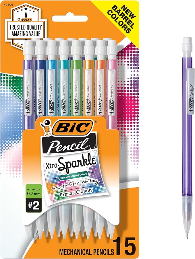 BIC Xtra-Sparkle Number 2 Mechanical Pencils With Erasers, Medium Point (0.7mm), 15-Count Pack, Cute Mechanical Pencils for Girls, Boys and Adults