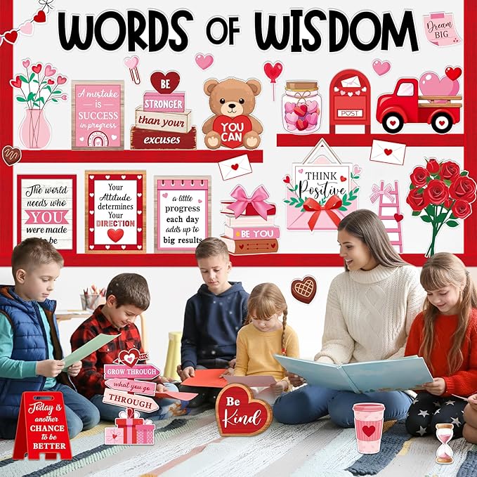 57 Pcs Sweet Bulletin Board Set Pink Red Heart Envelope Paper Cutouts Positive Quotes Classroom Bulletin Board Decor for School Chalkboard Wall Door Window