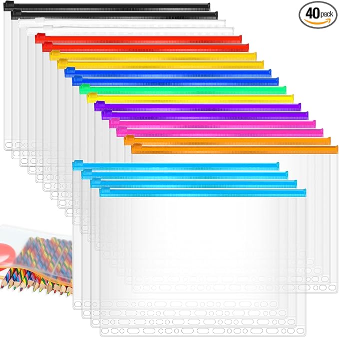 40 Pieces Multi-Ring Binder Zipper Pouch, 19 Hole Binder Pockets with Zipper Bulk Binder Folders Plastic Binder Pouch Loose Leaf Bags Waterproof PVC Document Filing Bag(Colorful, B5)