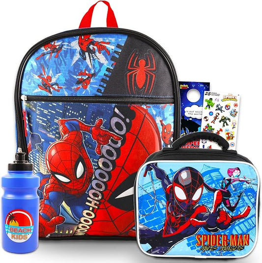 Spiderman Backpack with Lunch Box Set - Bundle of 16” Miles Morales Backpack, Lunch Bag, Water Bottle, Stickers, More | Spiderverse School Supplies