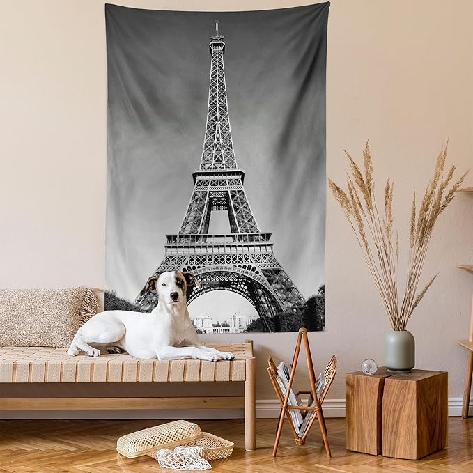 Ambesonne Eiffel Tower Tapestry Twin Size, Paris Landmark Monochrome Picture of Cityscape European Urban Famous Place Image, Wall Hanging Bedspread Bed Cover Wall Decor, 68" X 88", Grey