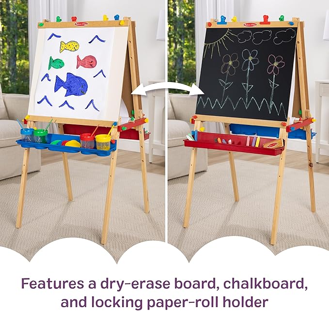 Melissa & Doug Deluxe Wooden Art Easel for Kids with Dry-Erase Board, Chalkboard & Drawing Paper Roller, Folding Double-Sided Toddler Easel, Preschool Learning Toys for Girls & Boys Ages 3+