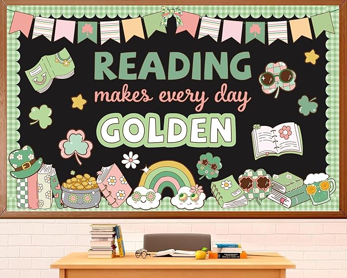 St. Patrick's Day Classroom Bulletin Board Set Reading Makes Every Day Golden Bulletin Board Decorations Irish Clover Cutouts for Bulletin Board St.Patrick’s Party Supply Classroom Chalkboard Decor