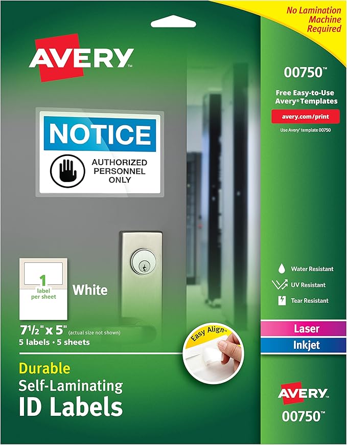 Avery Professional Grade Self-Laminating Water Resistant ID Labels, 5" x 7.5", Pack of 5 (00750)