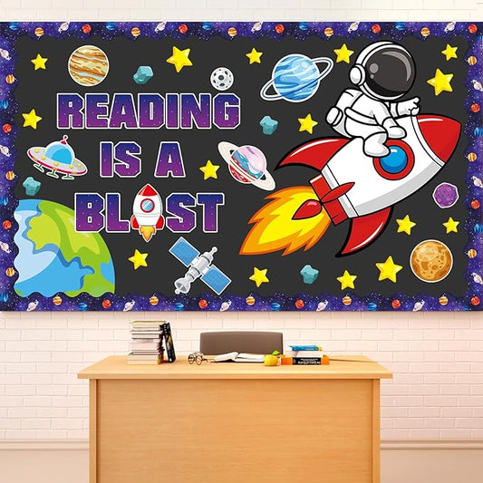 Outer Space Astronaut Bulletin Board Decorations Space Theme Classroom Bulletin Board Set Galaxy Borders Reading is A Blast Adventure Star Cutouts Back to School Preschool Chalkboard Wall Supplies