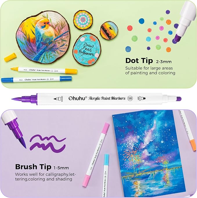 Ohuhu Acrylic Paint Markers Dual Tips: 36 Colors Brush & Dot Paint Pens High Opacity Acrylic Markers Waterproof Lightfast for Christmas Gifts Rock Painting 3D Prints Eggs Wood Glass Ceramic DIY Crafts