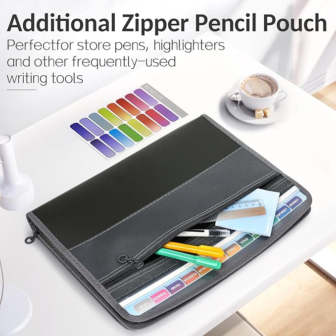 Sooez Accordion File Organizer with Safe Zipper, 12 Pocket Expanding File Folder with Front Pencil Pouch, Portable Monthly Paper Bill Tax Receipt Organizer, School Office Supplies, Letter Size, Teal