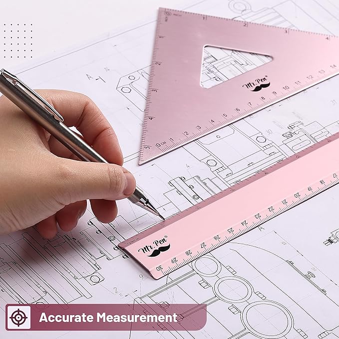 Mr. Pen- Geometry Set, 4 Pack, Light Pink, Metal Geometry Kit, Triangle Ruler, Metal Ruler, Drafting Triangles, Metal Protractor, Metal Set Square, Drafting Ruler, Drafting Set