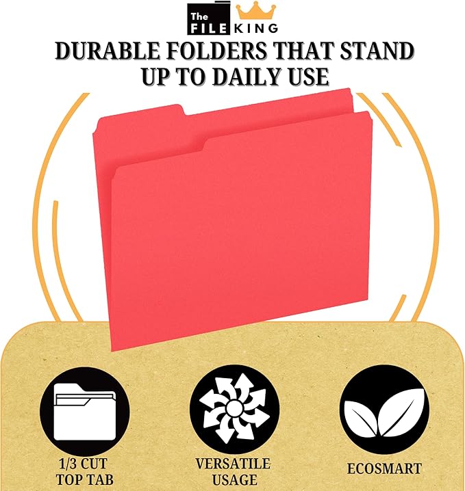 The File King 1/3 Cut Red File Folders Letter Size - 100 Pack | Colored Manilla Folders 8.5 x 11 | Made in The USA | Assorted 3 Tab Red Color Manila File Folder | Heavy Duty Basic Paper Filing Folder