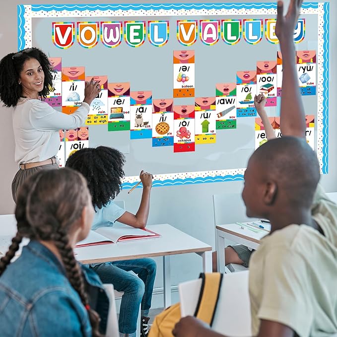 Vowel Valley Bulletin Board Set Back to School Classroom Decorations Sound Wall Phonics Poster Vowel Learning Cutouts Early Learning Kindergarten Elementary School Classroom Chalkboard Wall Door Decor