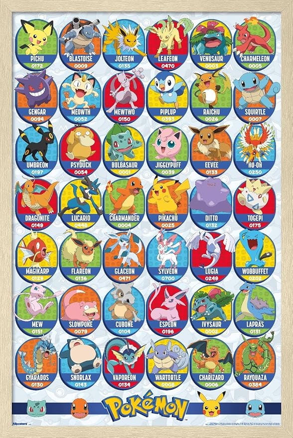 Pokémon: All-Time Favorites - Grid Wall Poster, 22.4L" x 14.7W", Blonde Framed Version