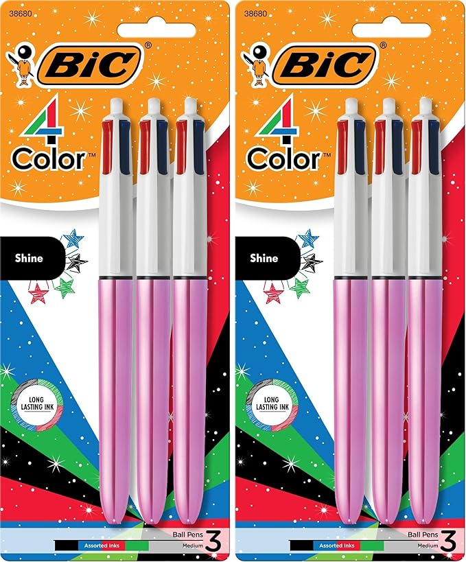 BIC 4 Color Shine Retractable Ballpoint Pen with 1.0 mm Point and Wide Barrel,in Assorted Ink,(Pack of 6)