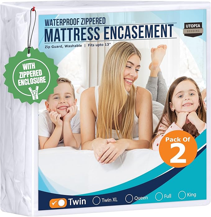Utopia Bedding Mattress Protector Zippered Twin Size (Pack of 2), 100% Waterproof Bed Bug and Dust Mite Proof Mattress Encasement, Absorbent 6 Sided Mattress Cover