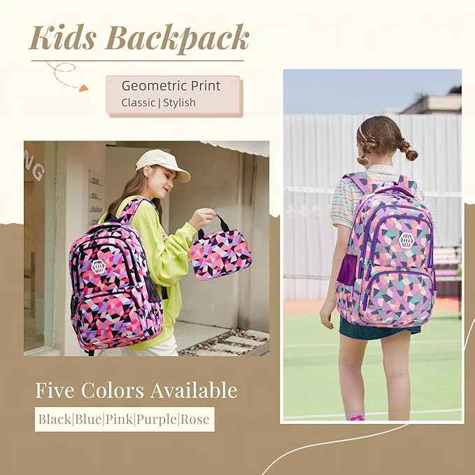 Bansusu 3Pcs Pink-a-3pcs Geometric Print Backpack and Lunch-Bag Set for Girls School Elementary Bookbags, 12.999.4418.89inch