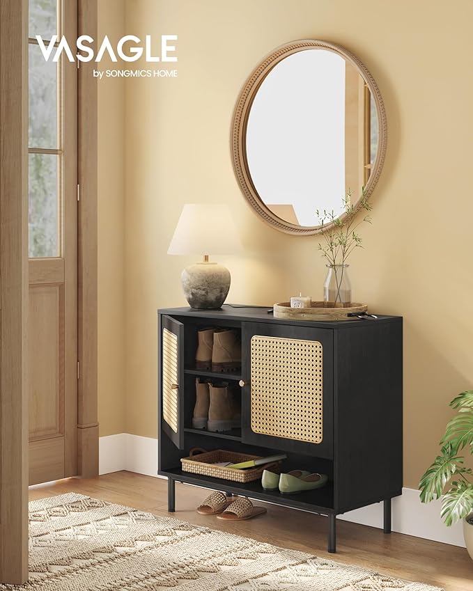VASAGLE Natural Rattan 3-Tier Shoe Cabinet, 16 Pair Shoe Storage Cabinet, Boho Style Shoe Organizer with Height-Adjustable Shelves and Steel Legs, for Entryway, Closet, Hallway, Ash Black ULBC049B01