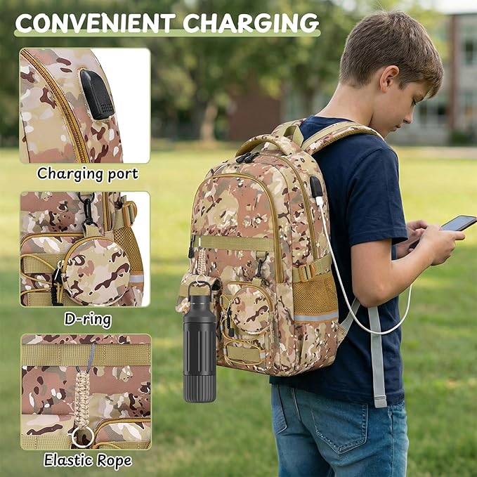 School Backpack for Boys - 5pcs Camo Boys Backpack with Lunch Box Set for Kids Teens Elementary Middle High School,18″ Large Capacity Students Bookbag