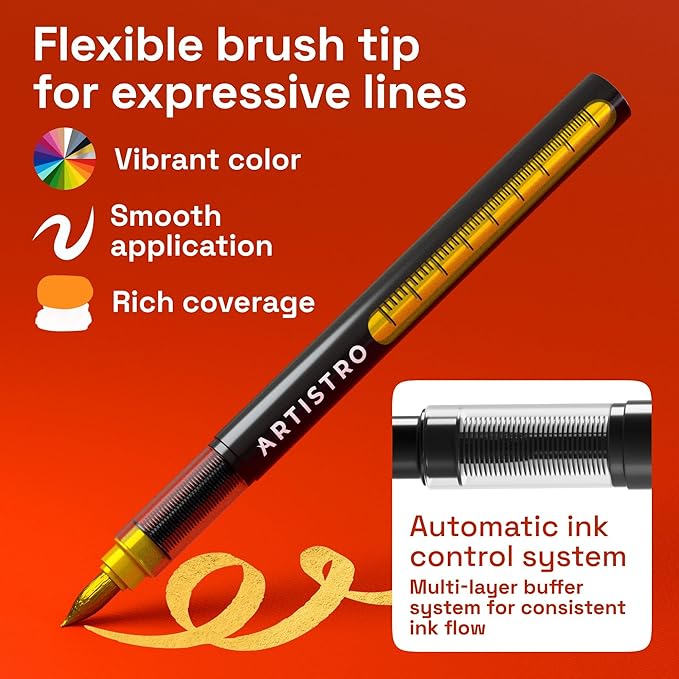 ARTISTRO 2 Gold Acrylic Paint Markers - Brush Tip Paint Pens with Automatic Ink Control System for Rock, Egg, Wood, Fabric, Glass - Perfect for Crafting, Art Projects, & More