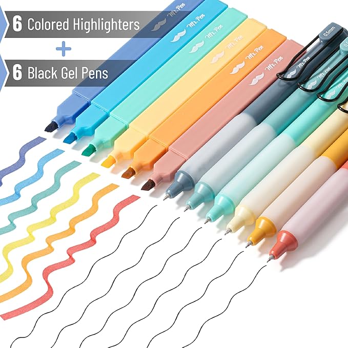 Mr. Pen- Aesthetic Highlighters and Gel Pens, 12 Pack, Assorted Colors, Bible No Bleed, Black Ink, Highlighter for Bibles