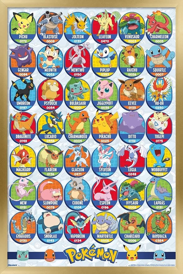 Pokémon: All-Time Favorites - Grid Wall Poster, 34L" x 22.4W", Gold Framed Version