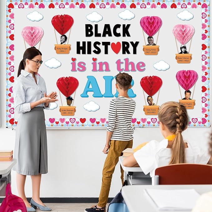 3D Valentine's Day Black History Month Bulletin Board Set Heart Shaped Honeycomb Balls Famous African American Classroom Decoration Inspirational Cutouts for School Home Chalkboard Wall Decor Supplies