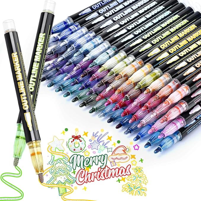 60Colors Markers, Coloring Outline Glitter Markers Gel Pens for Stocking Stuffers, Colored Drawing Pens for Christmas Gifts, Glitter Gel Pen s Shimmer Marker s for Art Supplies, Gifts for Teen Girls