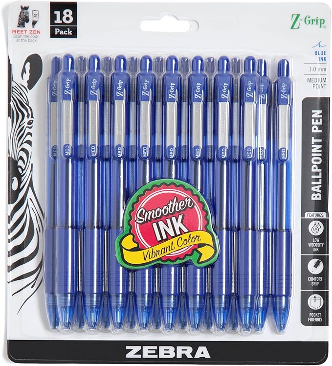 Zebra Pen Z-Grip Retractable Ballpoint Pen, Smooth-Flowing Blue Ink, 1.0mm Medium Point, School & Office Supplies, Ideal for Note-Taking, Journal and Planner Use, 18-Pack (22258)